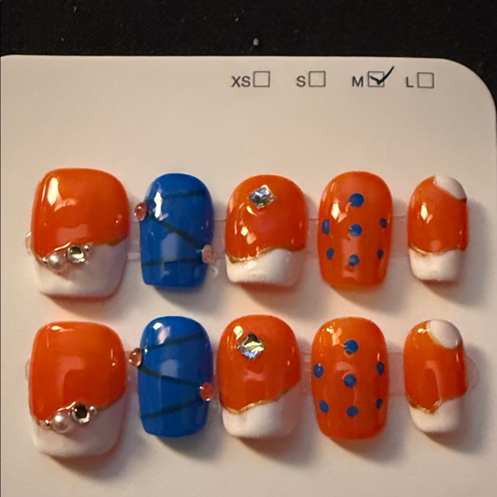 Hand Painted Orange and Blue Nail Art Set